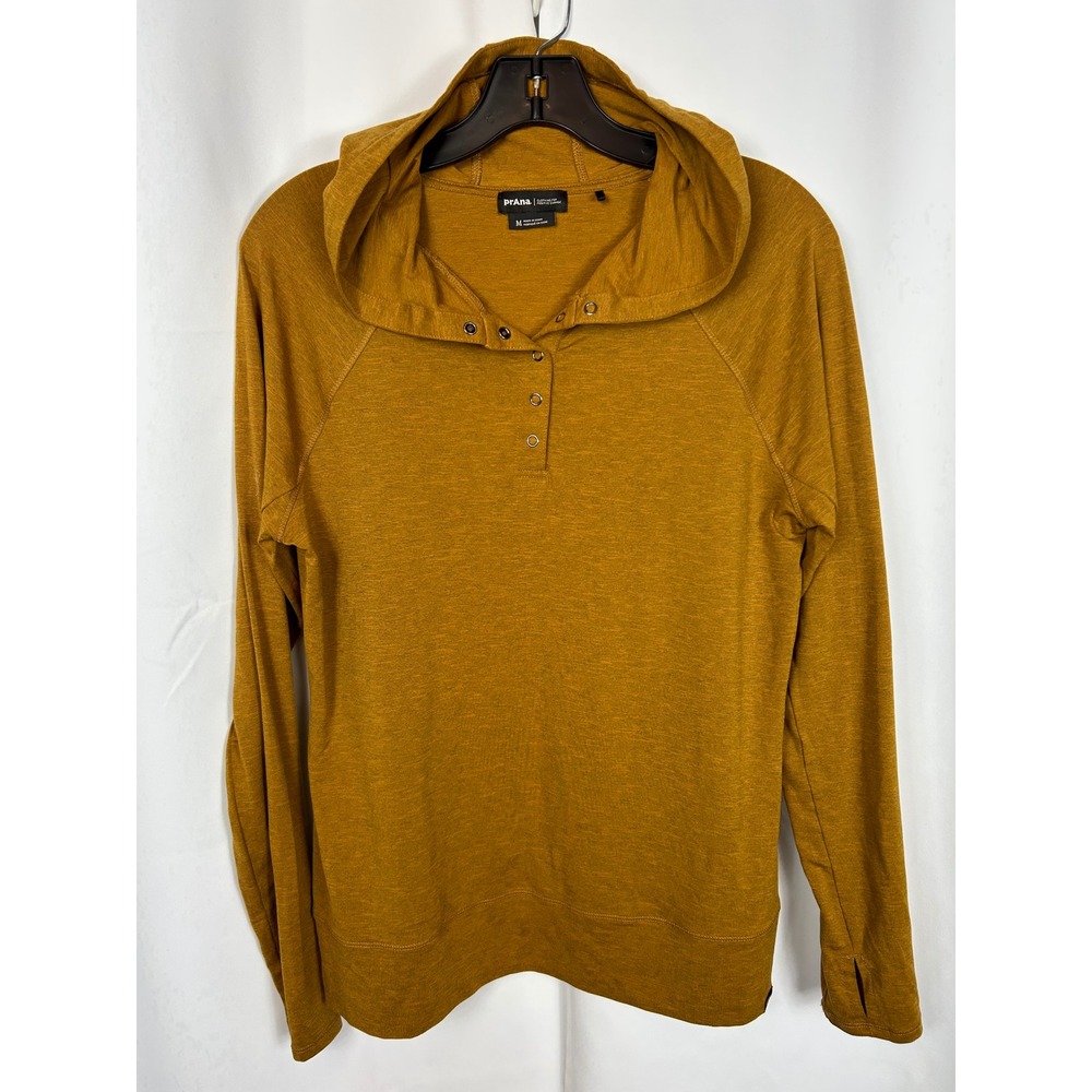 Prana Mustard Yellow Hooded Henley Thumbhole Long Sleeve Gorpcore Hiking Size M